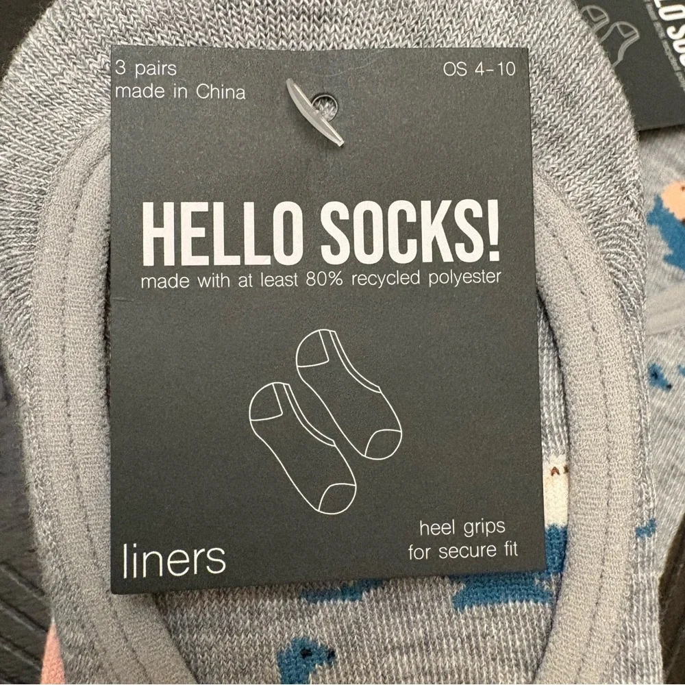 Hello Socks Liners with Heel Grips Women’s Size 4-10 Three Packs of Three Socks
